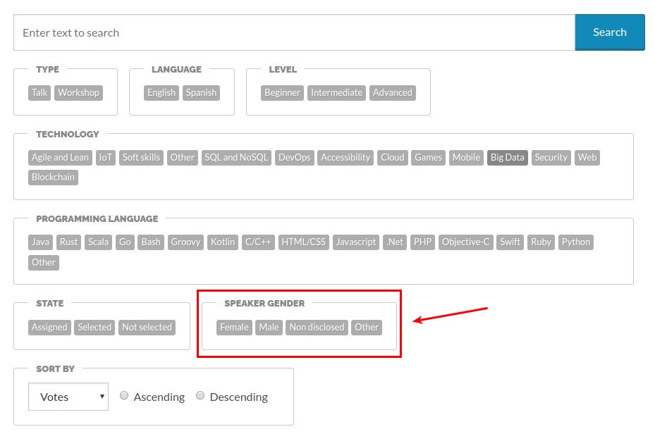 The UI control to filter by gender of the speaker